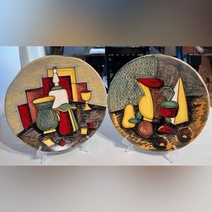 Pair Deruta Italy Hand Painted Majolica Plates Signed Cubist Still Life Wall Art
